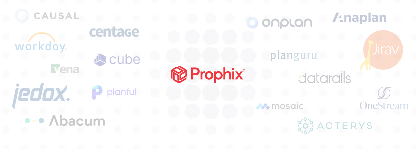 Prophix surrounded by logos of various companies. A representation of diverse partnerships and collaborations.