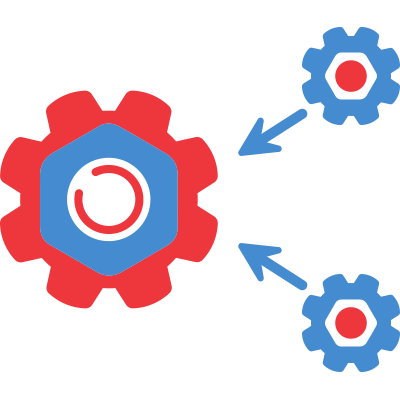 A red and blue gear with two arrows pointing to it, symbolizing movement and interaction.