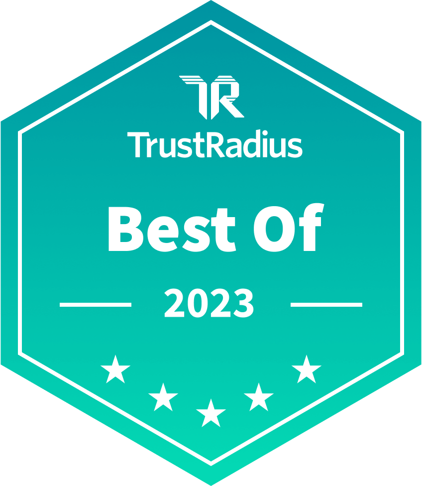 "Trustradius Best of 2020" - A badge with a golden ribbon and the text "Best of 2020" on a blue background.