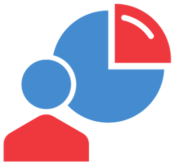 A person holding a pie chart while another person points at a red circle on a surface.