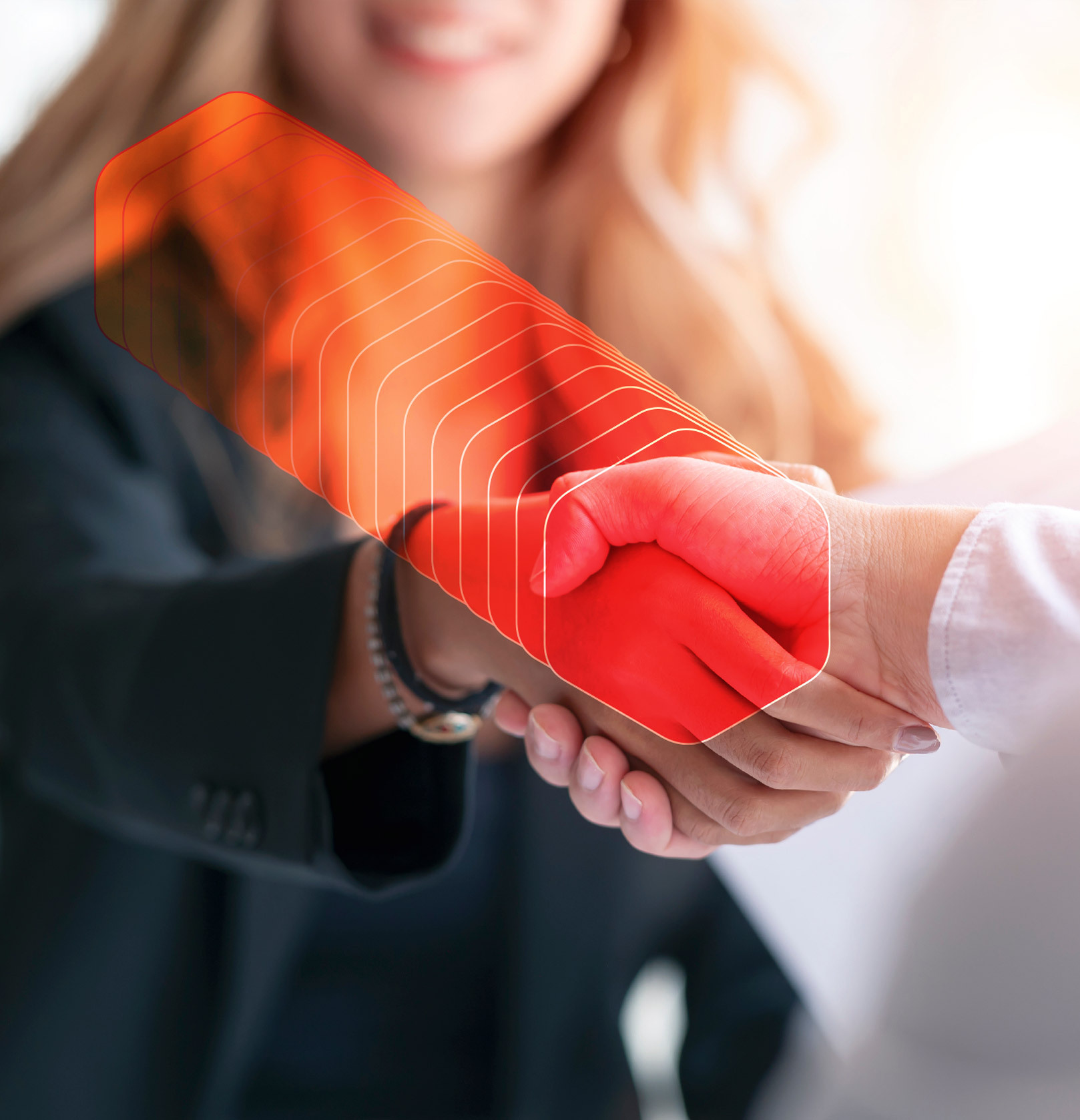 Business people shaking hands with a red hand, symbolizing a unique agreement or a warning sign.